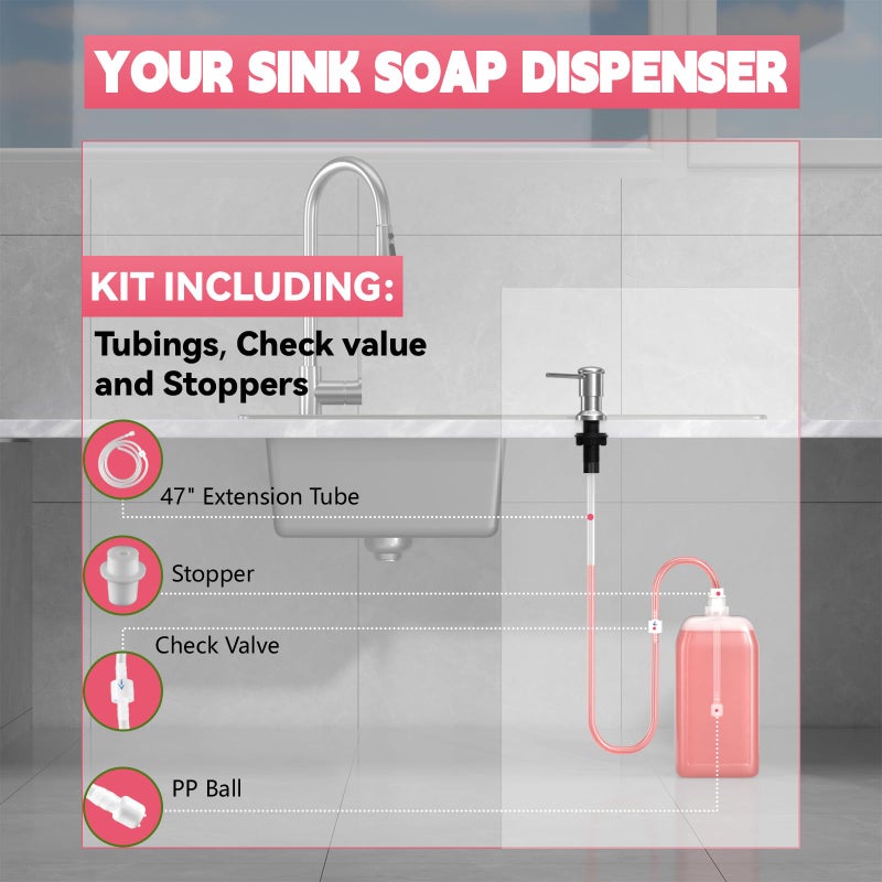 OHiHi Sink Soap Dispenser, OHiHi Kitchen Sink Soap Dispenser with 47" Extension Tube, Wide Pump Head Base, No Water Leaking, No Need to Fill The Little Bottle Again, Brushed Nickel - Image 5